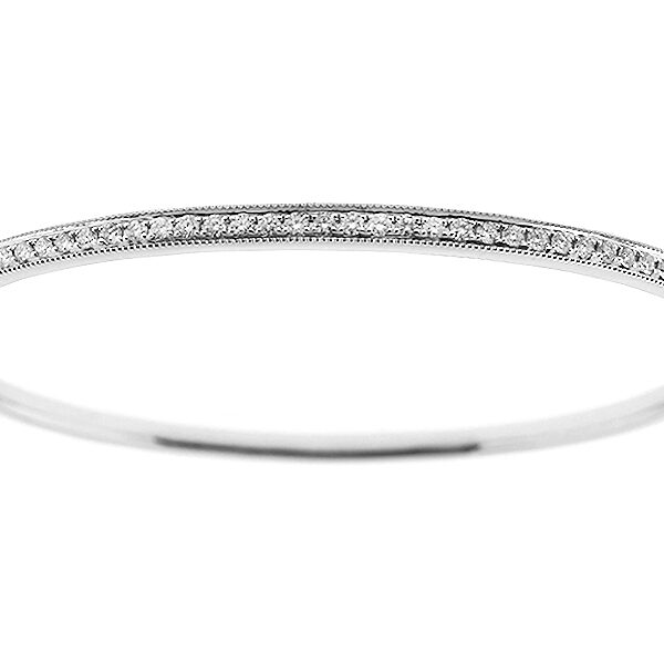 Ladies Bangle with Diamonds Bordered by Milgrain in 18k White Gold