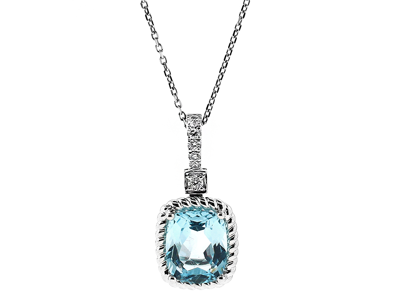 Aquamarine Pendant with Diamonds and Rope Design Border in 18k White Gold
