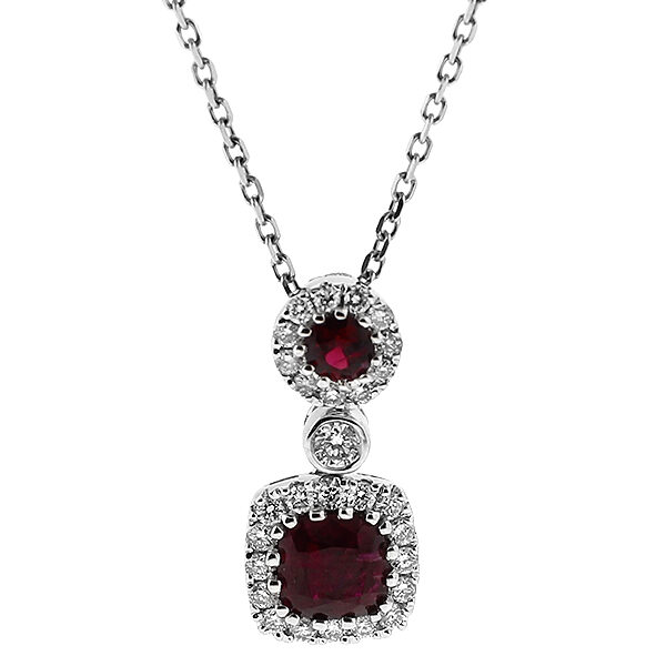 Ruby Pendant with Halos of Diamonds in 18k White Gold