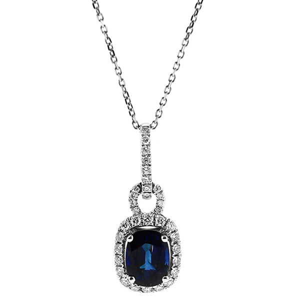 Rectangular Sapphire Pendant with Halo of Diamonds in 18k White Gold
