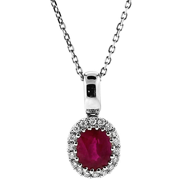 Oval Ruby Pendant with Halo of Diamonds in 18k White Gold