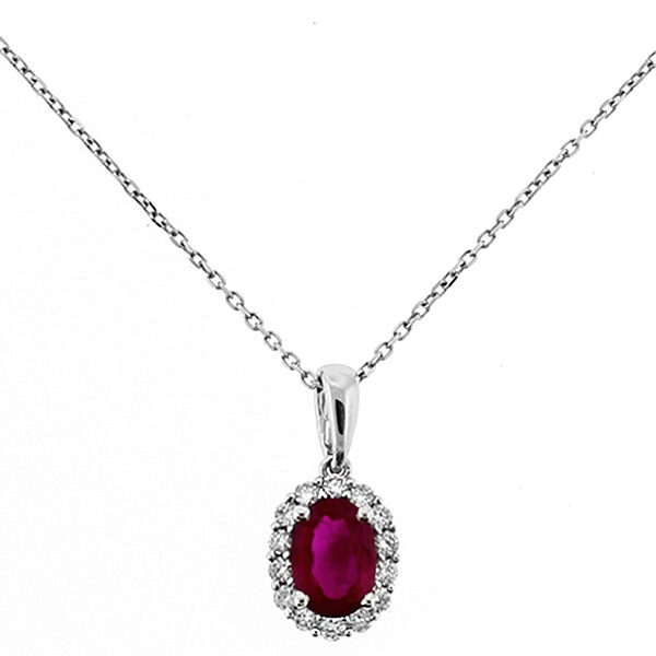 Oval Ruby Pendant with Halo of Diamonds in 18k White Gold