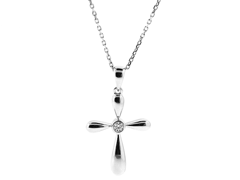 Solitaire Cross Pendant with Bezel Set Diamond in 18k White Gold