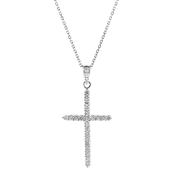 Thin Cross Pendant with Diamonds in 18k White Gold