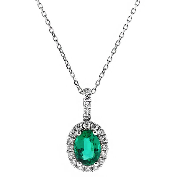 Oval Emerald Pendant with Halo of Diamonds in 18k White Gold