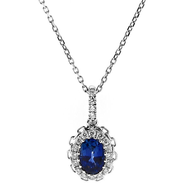 Oval Sapphire Pendant Halo of Diamonds and Interlocking Chain Design in 18k White Gold