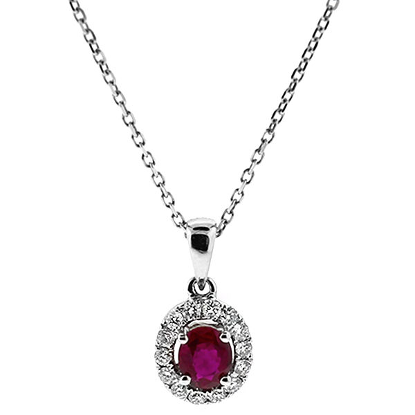 Oval Ruby Pendant with Halo of Diamonds in 18k White Gold