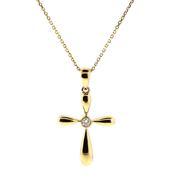 Solitaire Cross Pendant with Bezel Set Diamond in 18k Yellow Gold