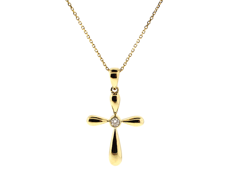 Solitaire Cross Pendant with Bezel Set Diamond in 18k Yellow Gold
