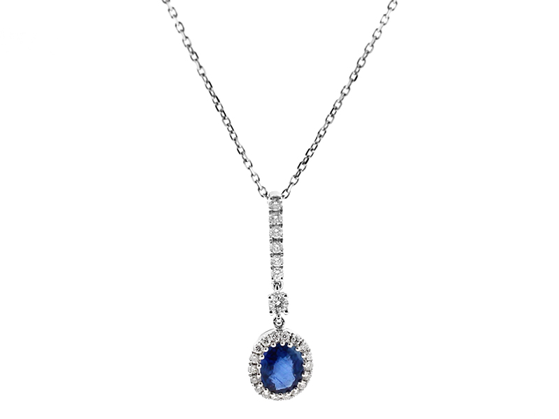 Dangling Oval Sapphire Pendant with Halo of Diamonds in 18k White Gold