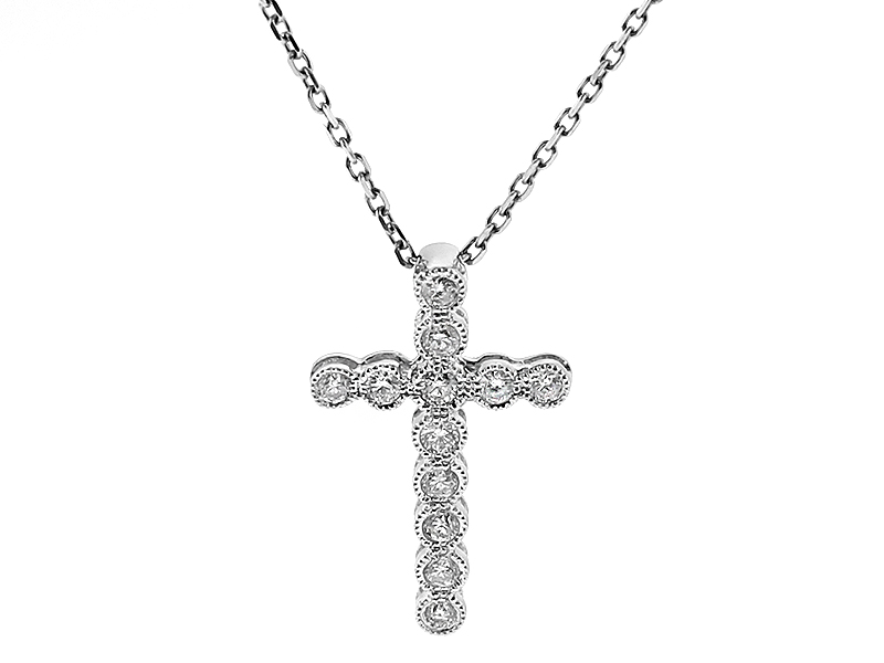 Cross Pendant with Milgrain Detail and Bezel Set Diamonds in 18k White Gold