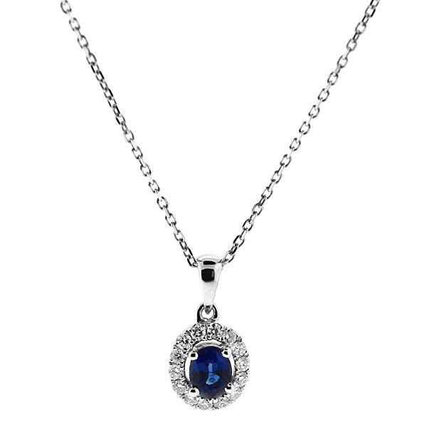 Oval Sapphire Pendant with Halo of Diamonds in 18k White Gold