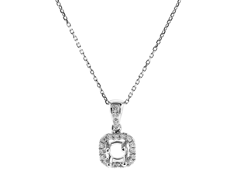 Semi Mount Solitaire Style Square Pendant with Halo of Diamonds in 18k White Gold