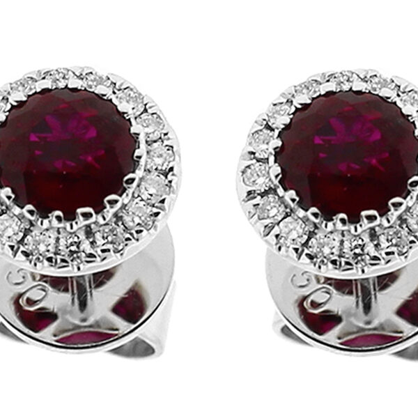 Round Ruby Stud Earrings with Halo of Diamonds in 18k White Gold