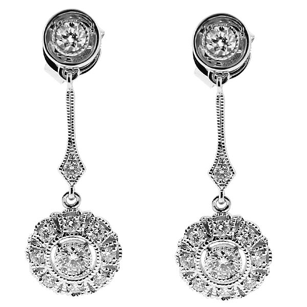 Dangling Round Earrings with Bezel and Prong Set Diamonds in 18k White Gold