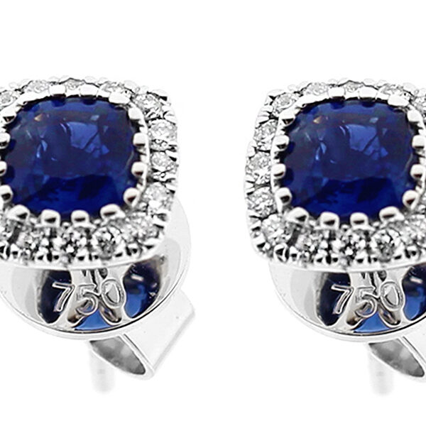 Sapphire Square Stud Earrings with Halo of Diamonds in 18k White Gold