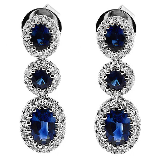 Triple Drop Sapphire Dangling Earrings with Halos of Diamonds in 18k White Gold