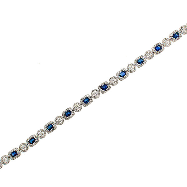 Sapphire Tennis Bracelet with Halos of Diamonds in 18k White Gold