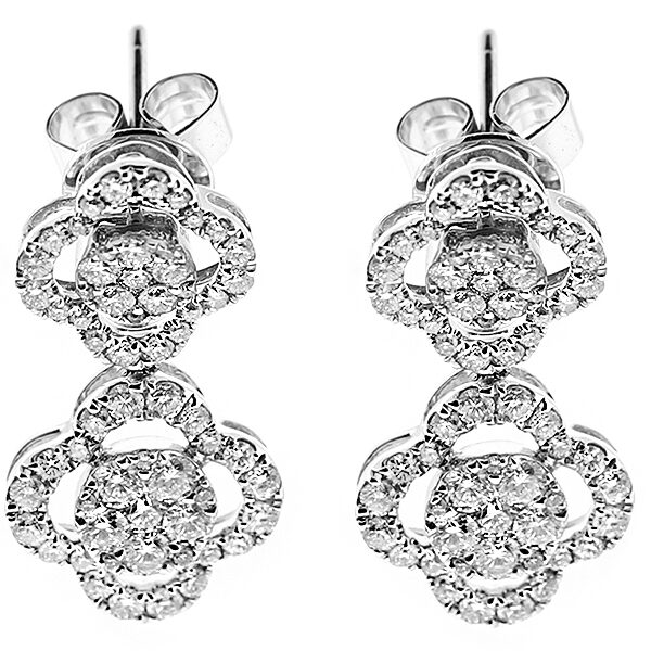 Dangling Cluster Earrings with Diamonds and Clover Shaped Halos in 18k White Gold