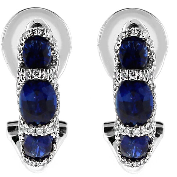 Channel Set Sapphire Half Hoop Style Earrings with Surrounding Design of Diamonds in 18k White Gold
