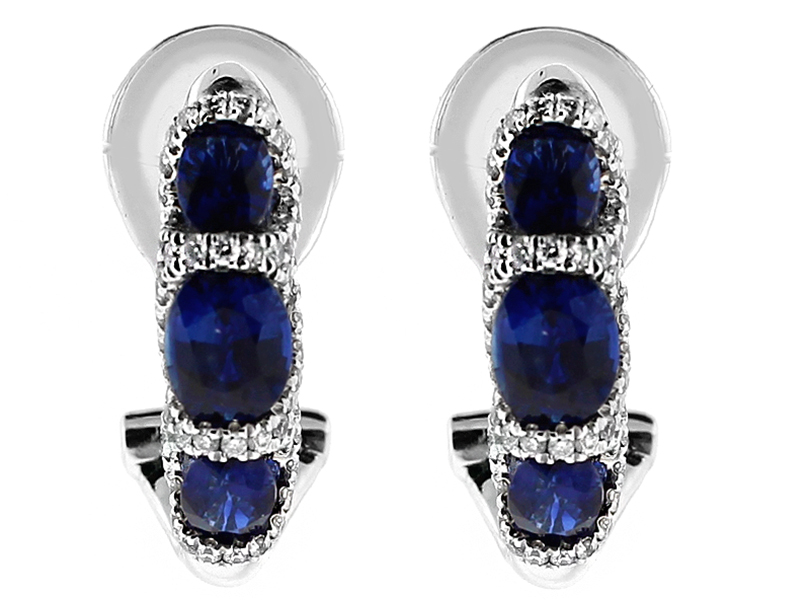 Channel Set Sapphire Half Hoop Style Earrings with Surrounding Design of Diamonds in 18k White Gold