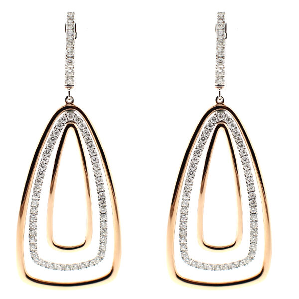 Two Tone Half Hoop Triangular Dangling Earrings with Diamonds in 18k White and Yellow Gold