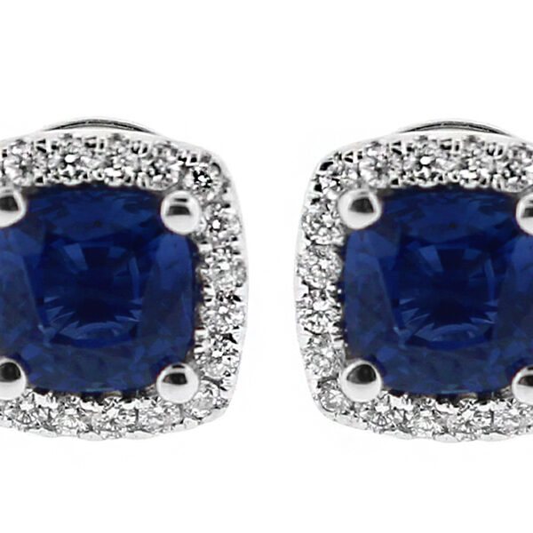 Square Sapphire Stud Earrings with Halo of Diamonds in 18k White Gold
