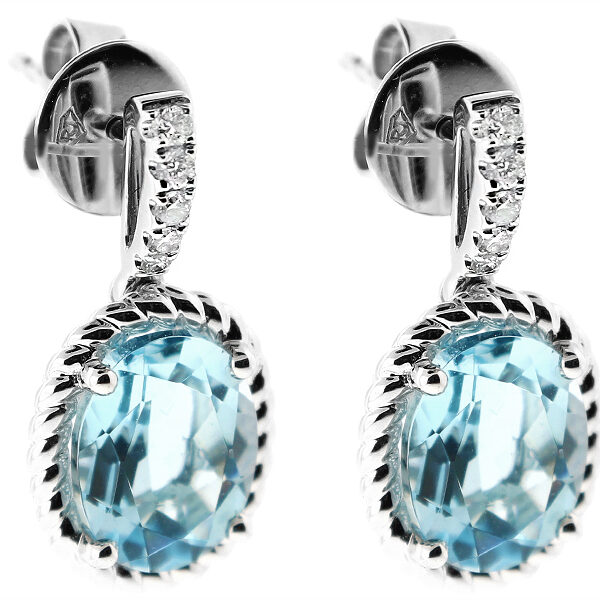 Dangling Oval Aquamarine Earrings with Rope Design and Diamonds in 18k White Gold