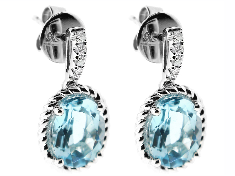 Dangling Oval Aquamarine Earrings with Rope Design and Diamonds in 18k White Gold