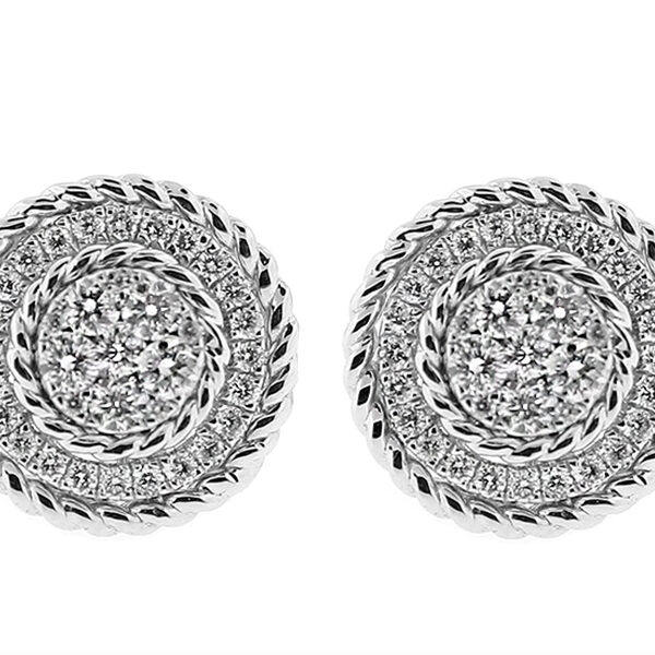 Round Cluster Stud Earrings with Halo of Diamonds and Rope Design in 18k White Gold