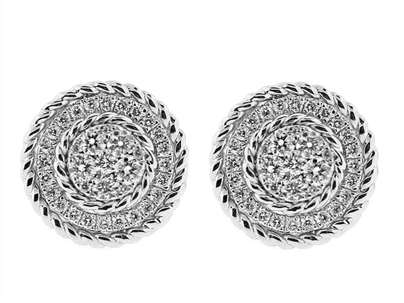 Round Cluster Stud Earrings with Halo of Diamonds and Rope Design in 18k White Gold