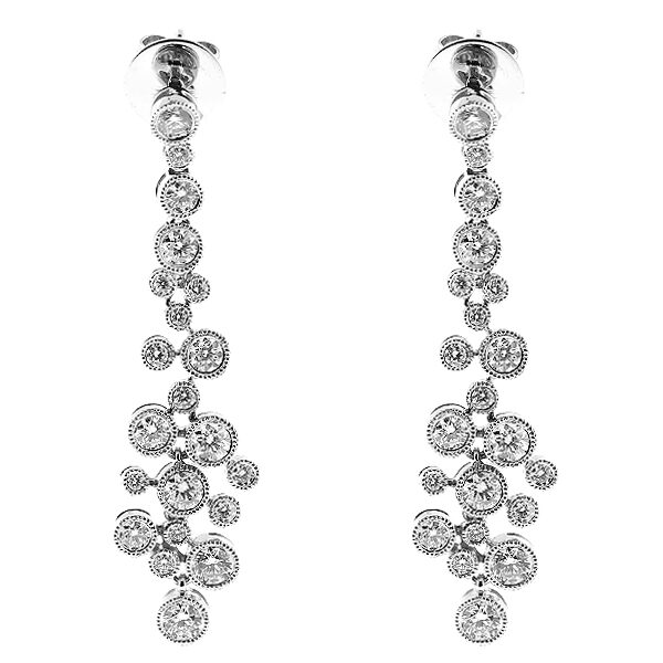 Long Dangling Earrings with Bezel Set Diamonds Bordered by Milgrain in 18k White Gold