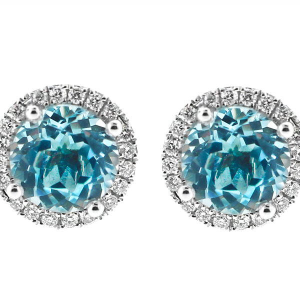 Round Aquamarine Stud Earrings with Halo of Diamonds in 18k White Gold