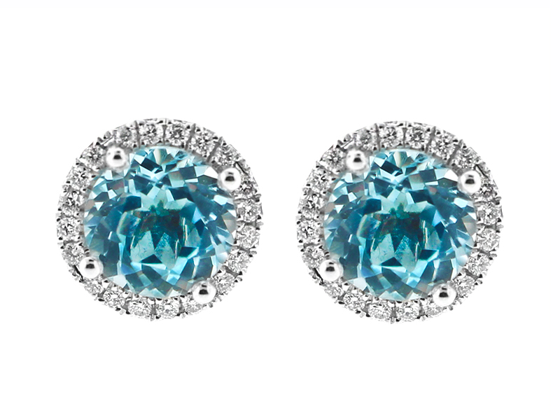 Round Aquamarine Stud Earrings with Halo of Diamonds in 18k White Gold