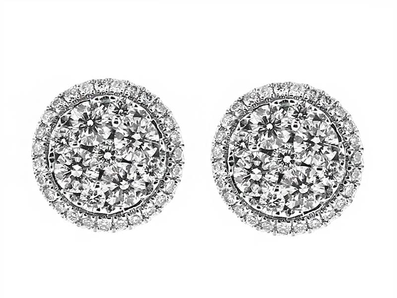 Round Cluster Stud Earrings with Halo of Diamonds in 18k White Gold