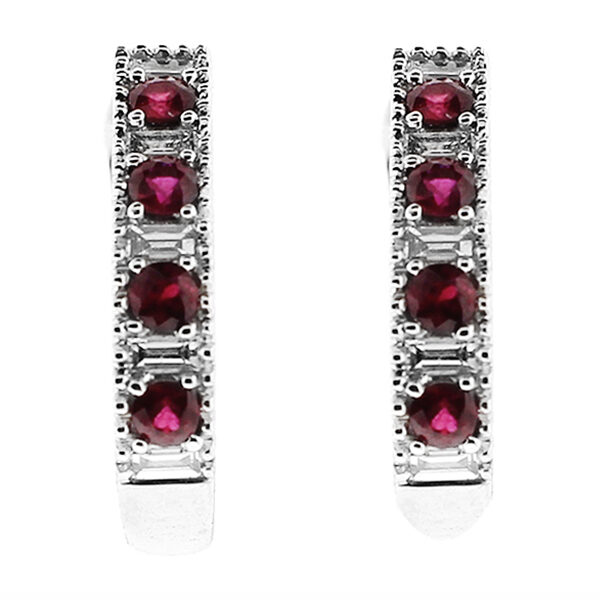 Huggie Style Ruby Earrings with Baguette Diamonds in 18k White Gold