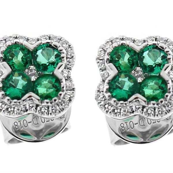 Clover Design Emerald Earrings with Halo of Diamonds in 18k White Gold