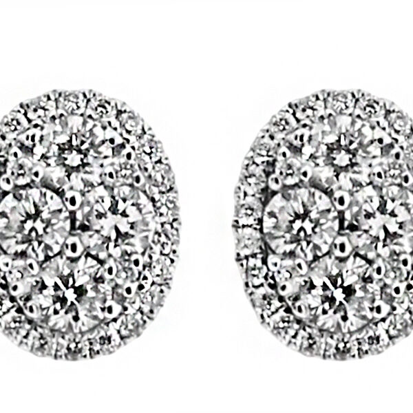 Oval Stud Earrings with Cluster of Diamonds Bordered by Halo in 18k White Gold