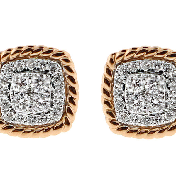 Square Stud Earrings with Cluster of Diamonds Bordered by Rope Design in 18k Rose Gold