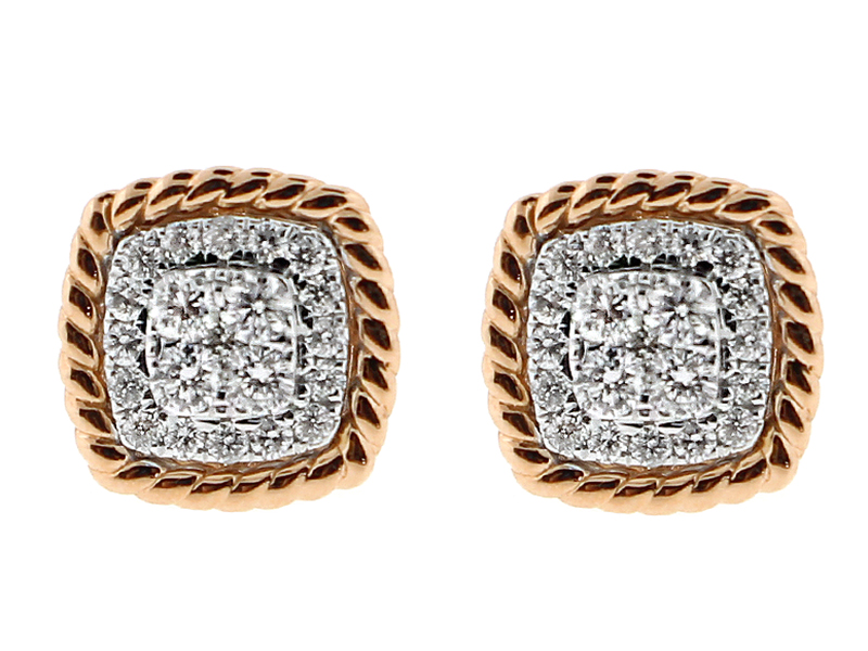 Square Stud Earrings with Cluster of Diamonds Bordered by Rope Design in 18k Rose Gold