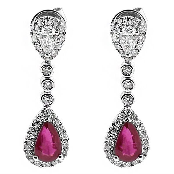 Dangling Drop Ruby Earrings with Diamonds in 18k White Gold