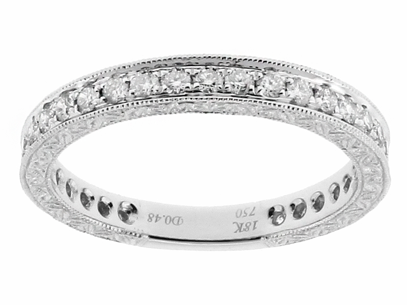 Single Row Ladies Band with Engraved Design and Diamonds in 18k White Gold