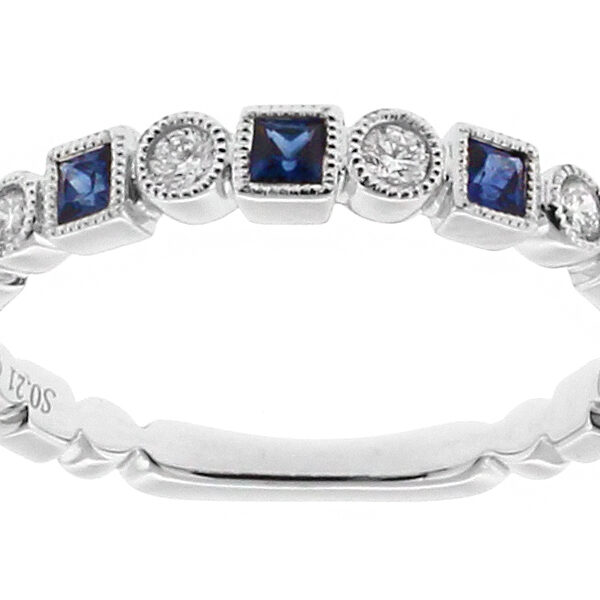 Multi Shape Sapphire Band with Bezel Set Diamonds Bordered by Milgrain in 18k White Gold