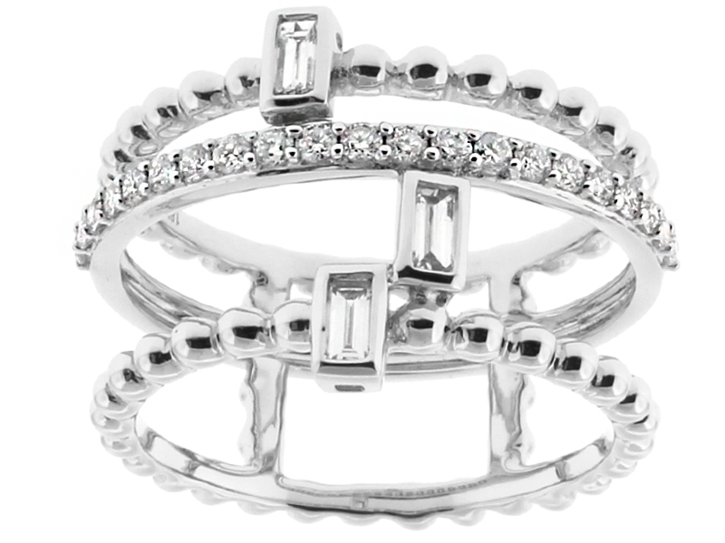 Modern Abstract Ring with Baguette and Round Diamonds and a Beaded Design in 18k White Gold