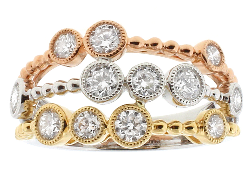 Tri Tone Triple Row Beaded Style Ring with Bezel Set Diamonds Bordered by Milgrain in 18k White, Yellow, and Rose Gold