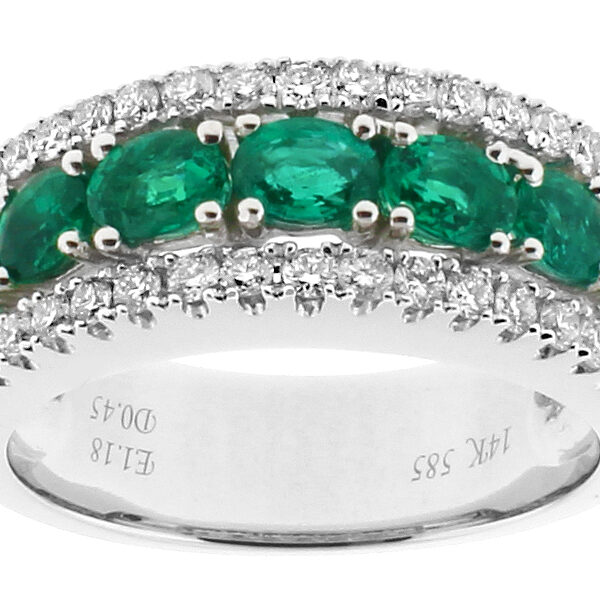 Ladies Fashion Ring with Emeralds Bordered by Diamonds in 18k White Gold