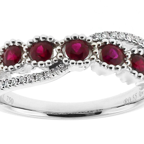 7 Stone Ruby Fashion Ring with Crossover Design of Diamonds in 18k White Gold