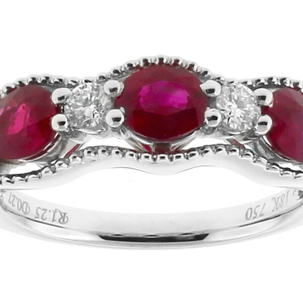 Openwork Ruby Fashion Ring with Diamonds and a Beaded Design in 18k White Gold