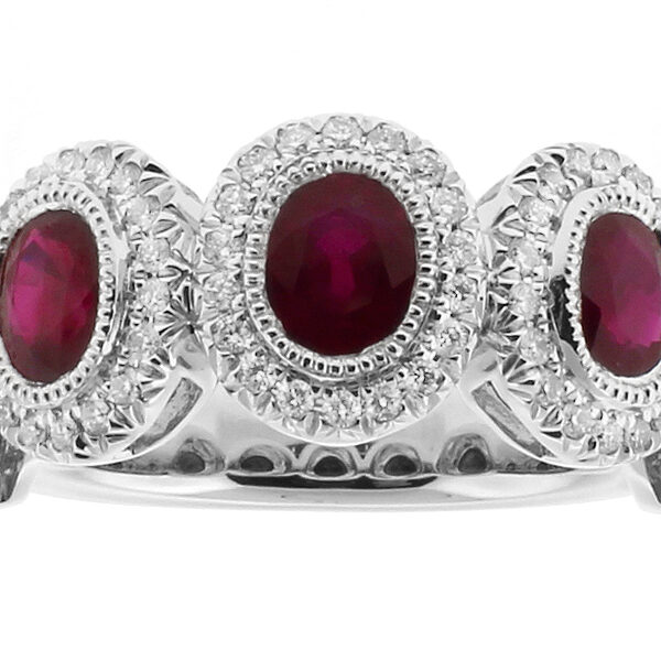 5 Stone Bezel Set Ruby Ring Bordered by Milgrain and Diamonds in 18k White Gold