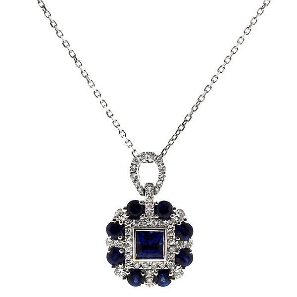 Square Halo Surrounded by a Round Halo Genuine Sapphire and Diamond Pendant in 18kt White Gold